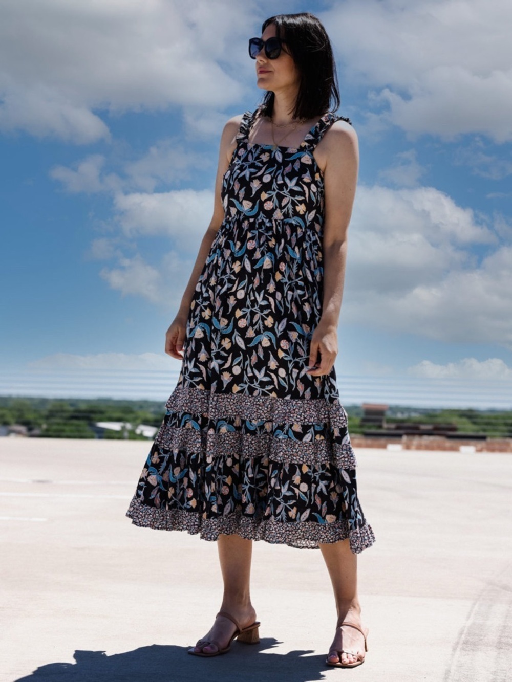 Universal Thread Boho Tiered Maxi Dress Floral Ruffle Strap Sundress Pockets